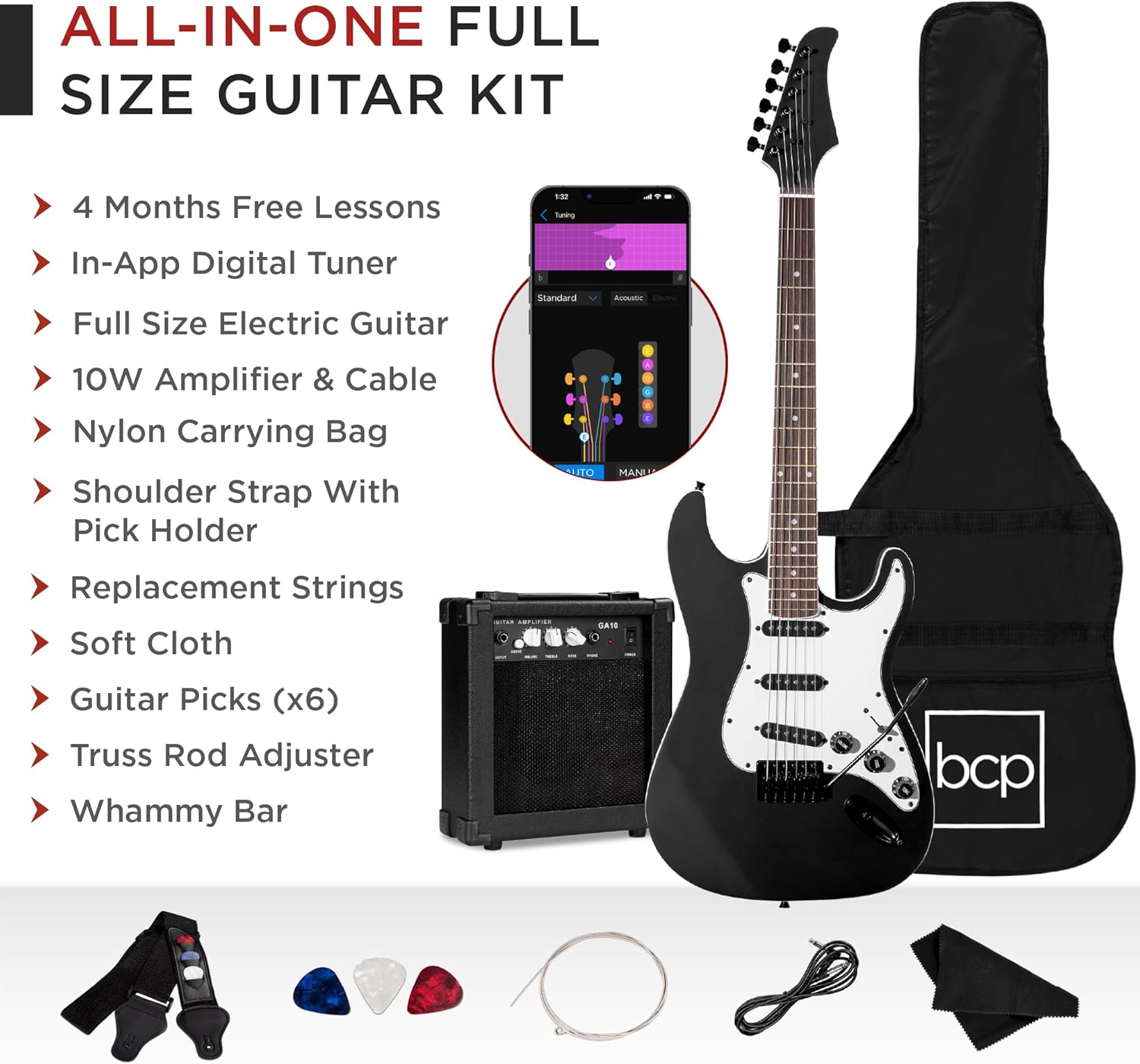 Shows all items included in the guitar kit, highlighting the comprehensive nature of the package for beginners.