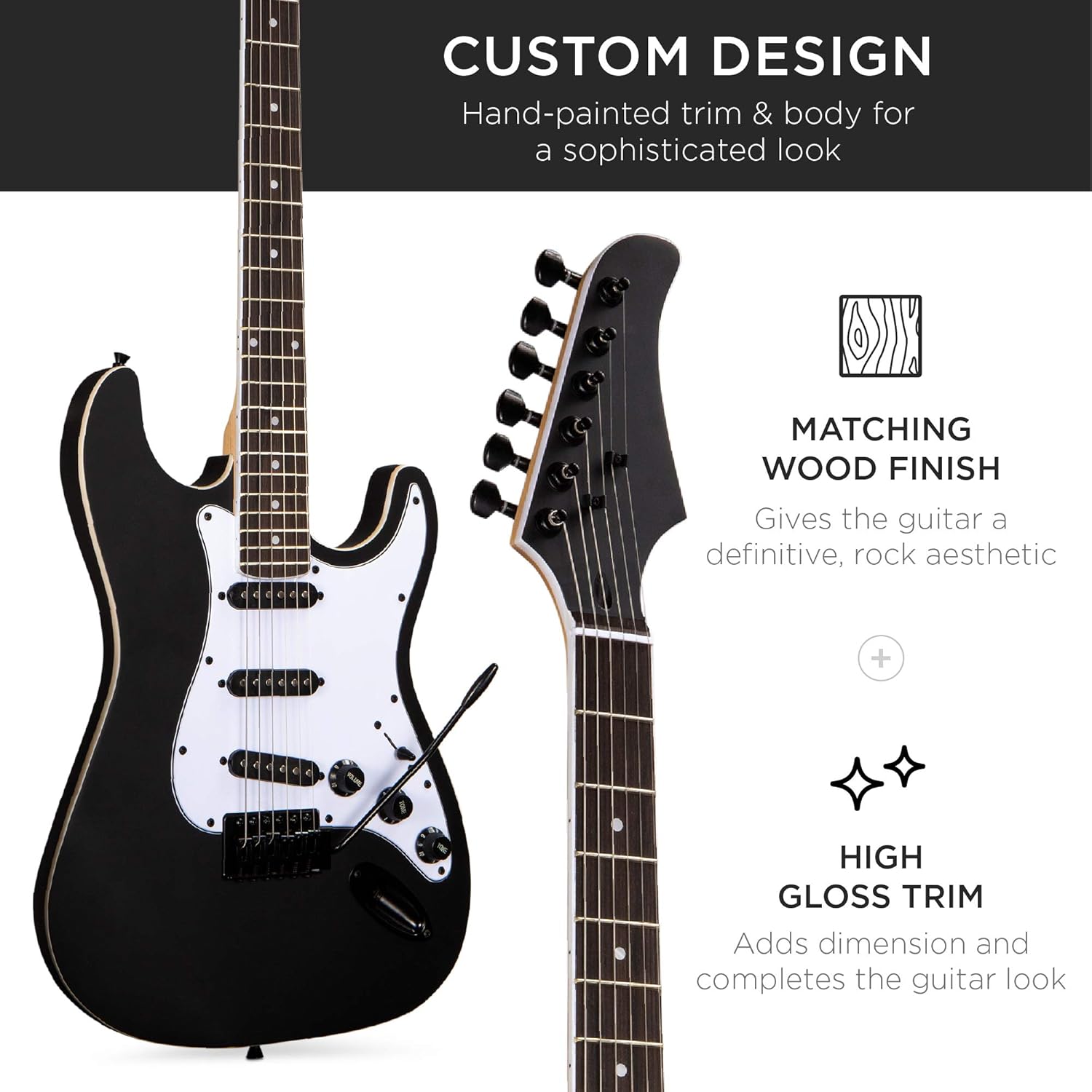 Highlights multiple aesthetic features of the guitar to showcase its premium, sophisticated design and appeal to rock enthusiasts.