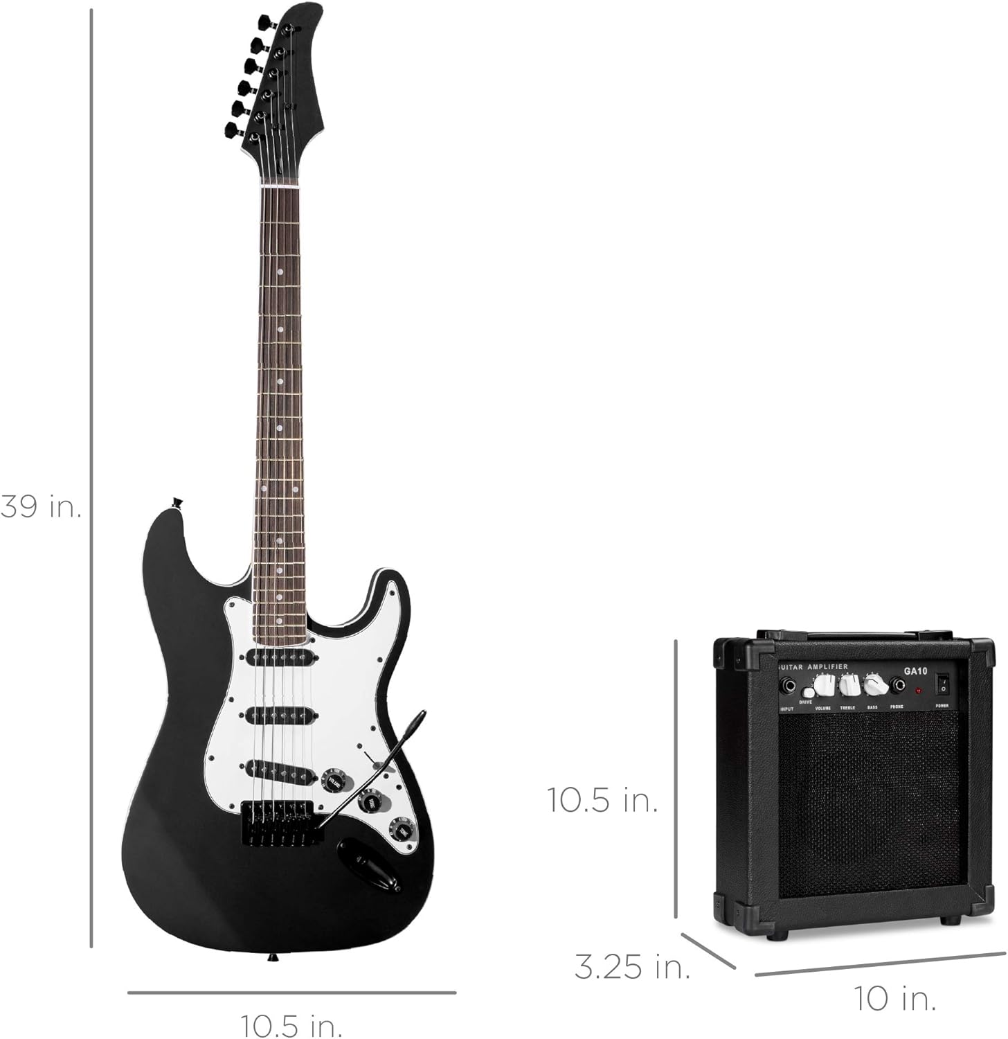 Provides exact measurements of the electric guitar and amplifier to help shoppers understand the physical size of the products.