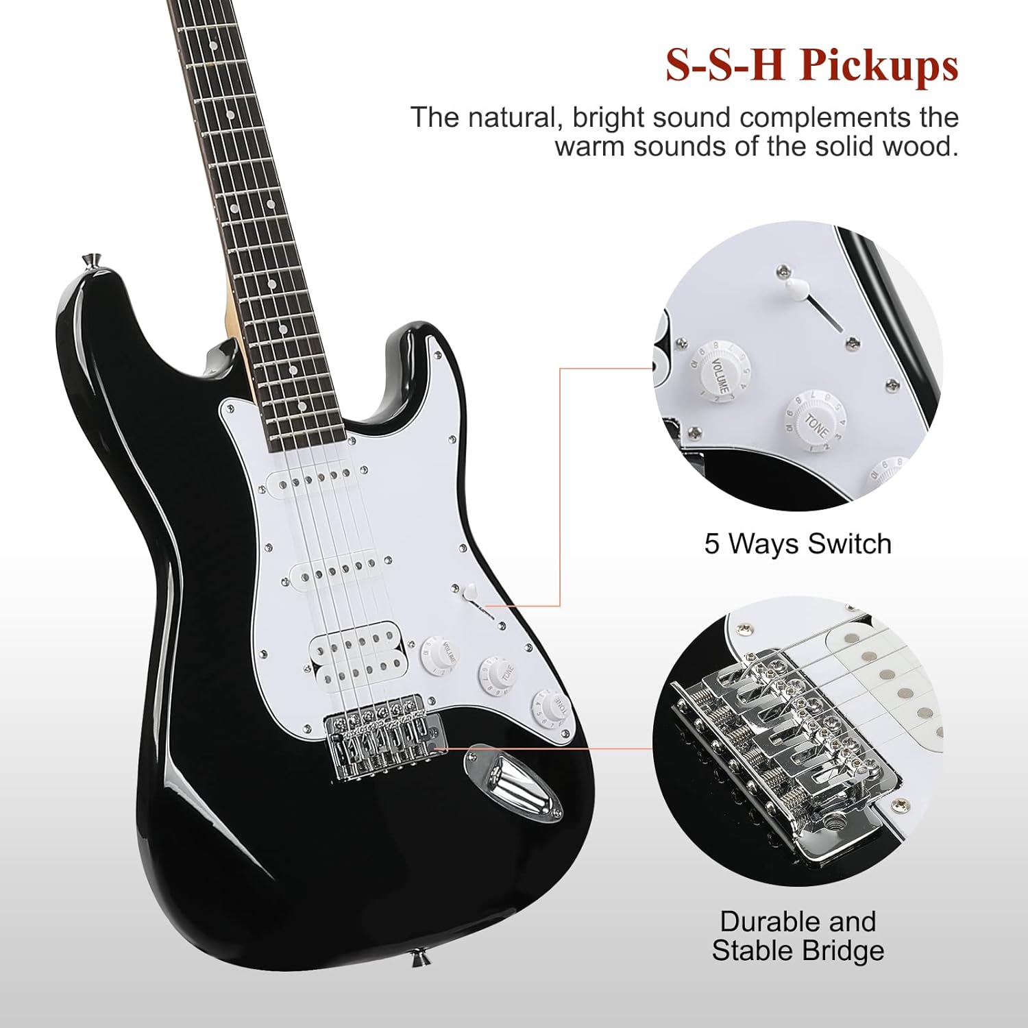 Highlights key components of the electric guitar to showcase its quality features and sound versatility.