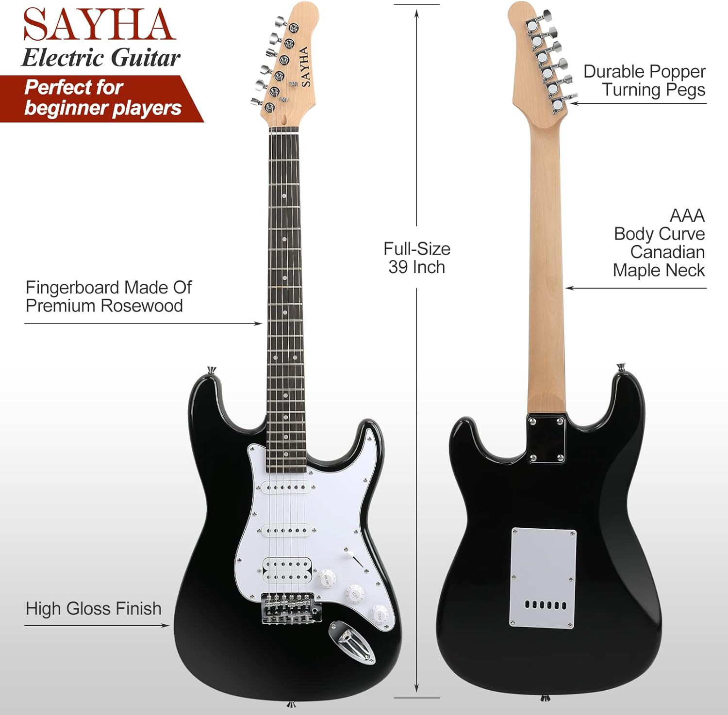 Highlights key features and materials of the electric guitar to inform potential buyers about its quality and suitability for beginners.