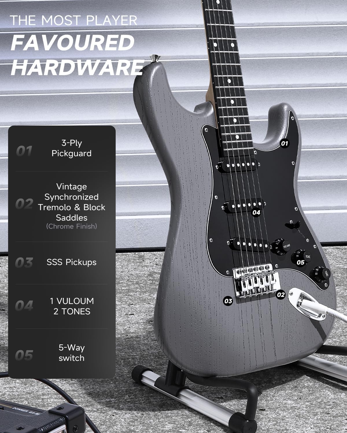 Highlights key hardware features of the guitar to showcase its quality components and player-focused design.