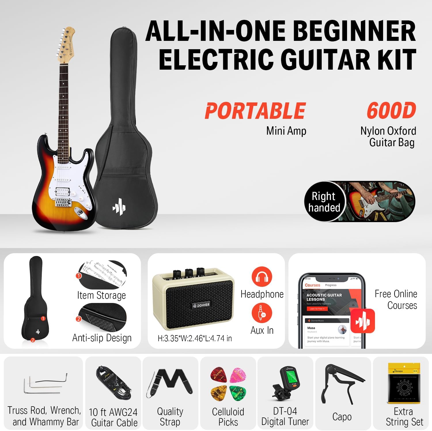 Shows all the items included in the beginner electric guitar kit, emphasizing the comprehensive nature of the package for new guitarists.