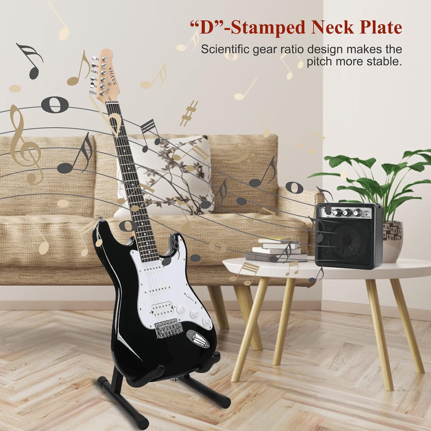Highlights the guitar's D-stamped neck plate feature, emphasizing how it improves pitch stability through scientific gear ratio design.