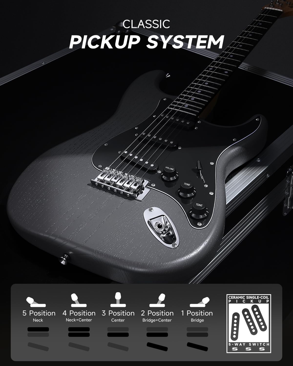 Explains the classic pickup system and 5-way switch configuration of the electric guitar, helping customers understand its sound versatility.