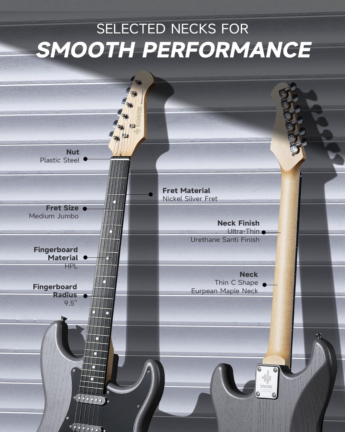 Highlights the specific components and materials used in the guitar necks to demonstrate quality and performance features.