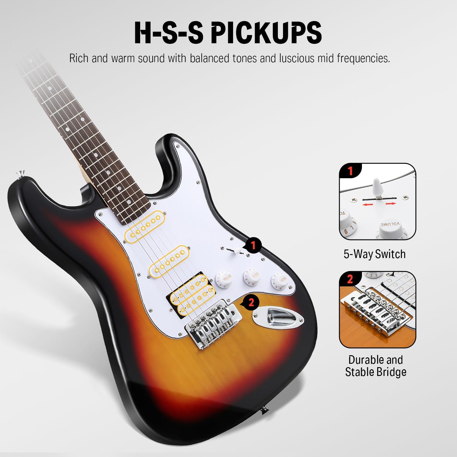 Highlights multiple features of the guitar to showcase its versatility and quality construction.