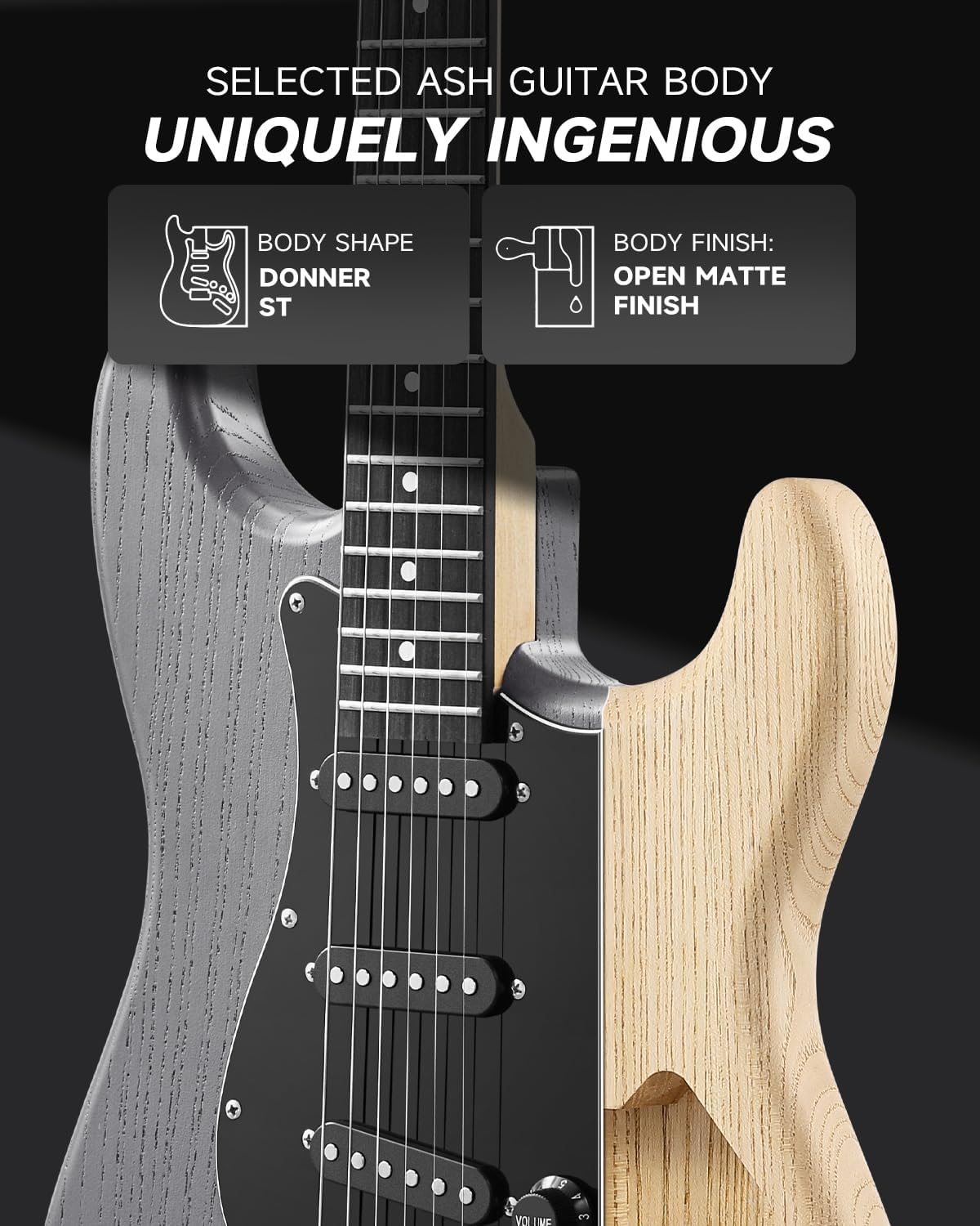 Highlights two key features of the guitar's body design to showcase its unique and innovative construction.