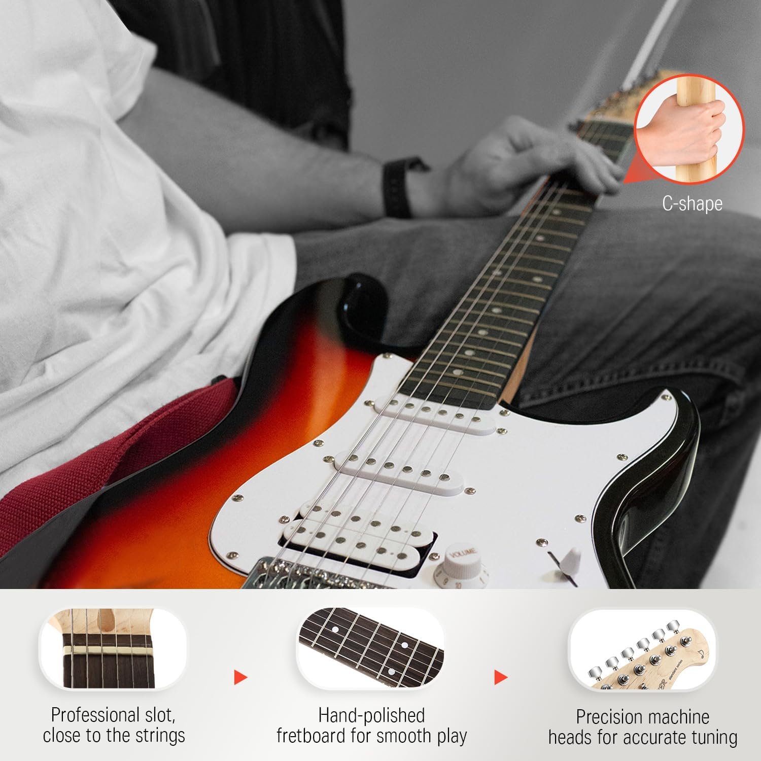 Highlights multiple features of the guitar, including the ergonomic C-shape neck and professional-grade components, to demonstrate its quality and playability.