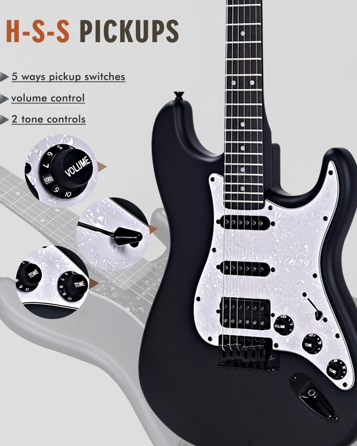 Highlights the H-S-S pickup configuration and control layout of the electric guitar to inform potential buyers about its sound customization capabilities.