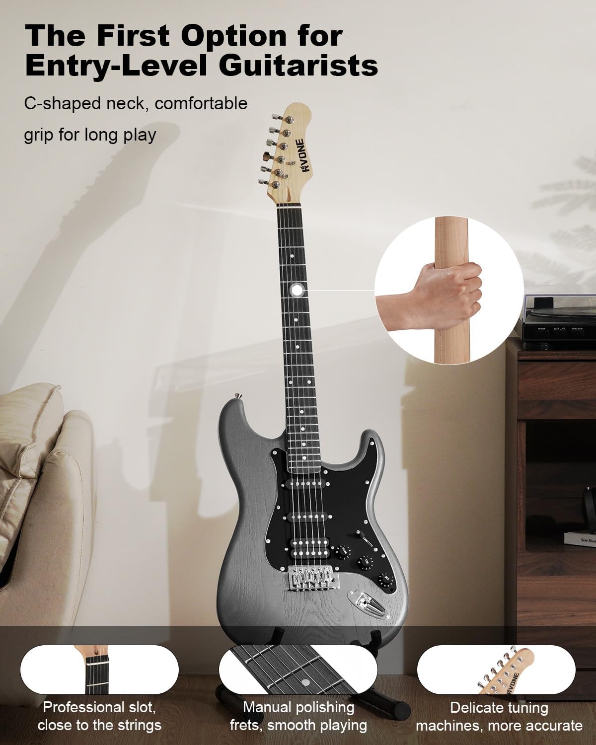 Highlights multiple features of the guitar that make it ideal for entry-level guitarists, emphasizing comfort, quality, and ease of play.