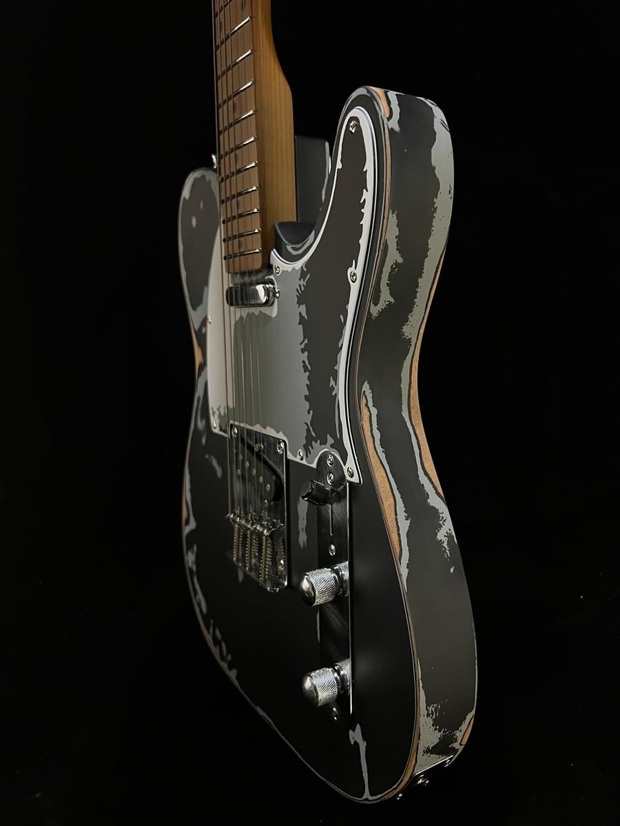 Showcases the electric guitar's design and craftsmanship in a stylized, close-up view to appeal to musicians and guitar enthusiasts.