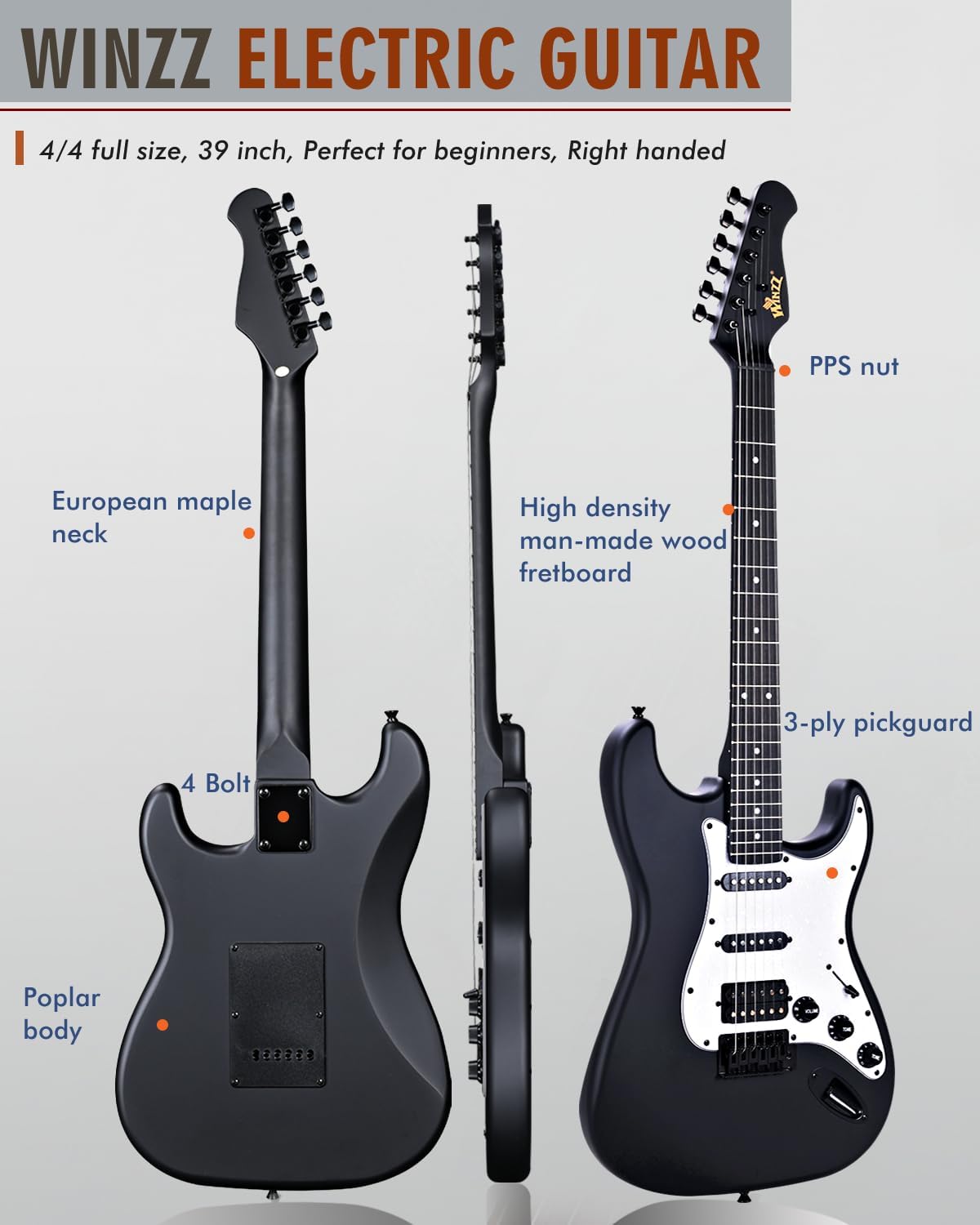 Highlights the key components and materials of the electric guitar to inform potential buyers about its construction and quality.
