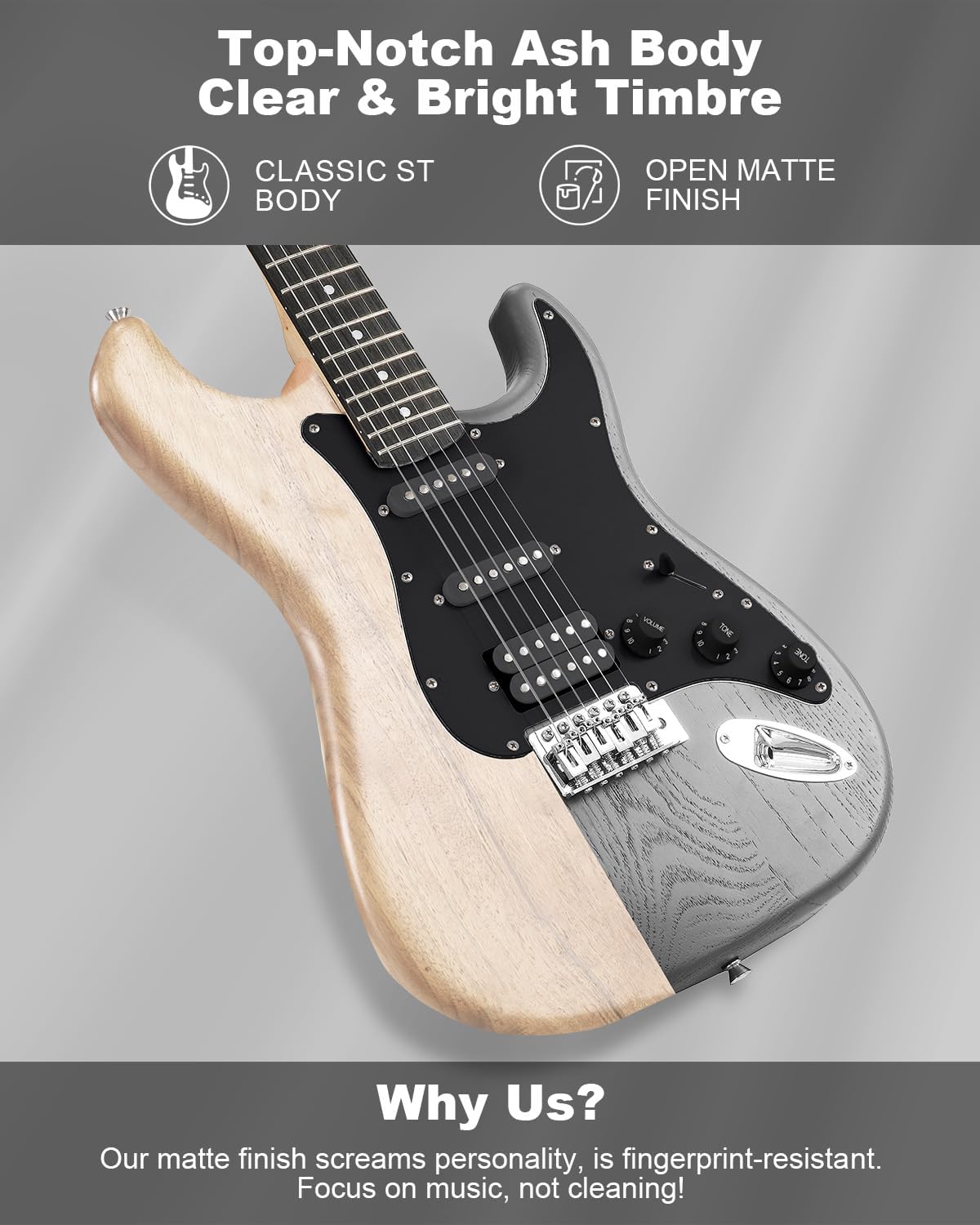Highlights multiple features of the guitar to showcase its quality construction and sound characteristics.