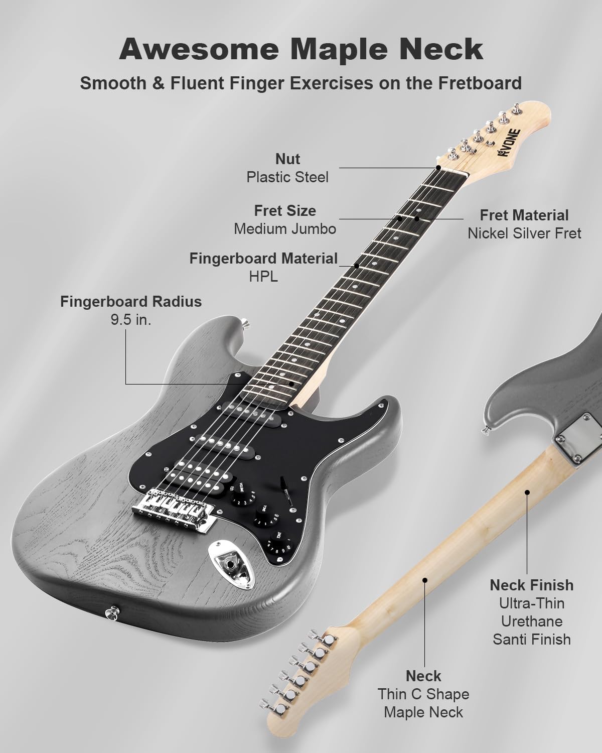 Highlights the specific components and materials of the guitar neck to showcase its quality and playability.