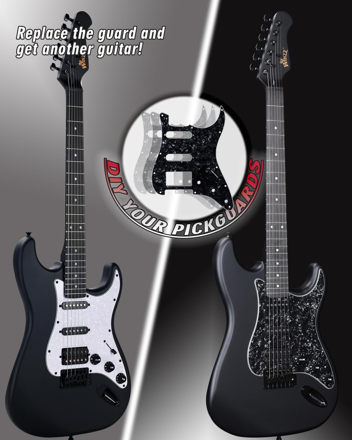 Highlights the ability to easily change the guitar's appearance by replacing the pickguard, appealing to musicians who want versatility in their instrument's look.