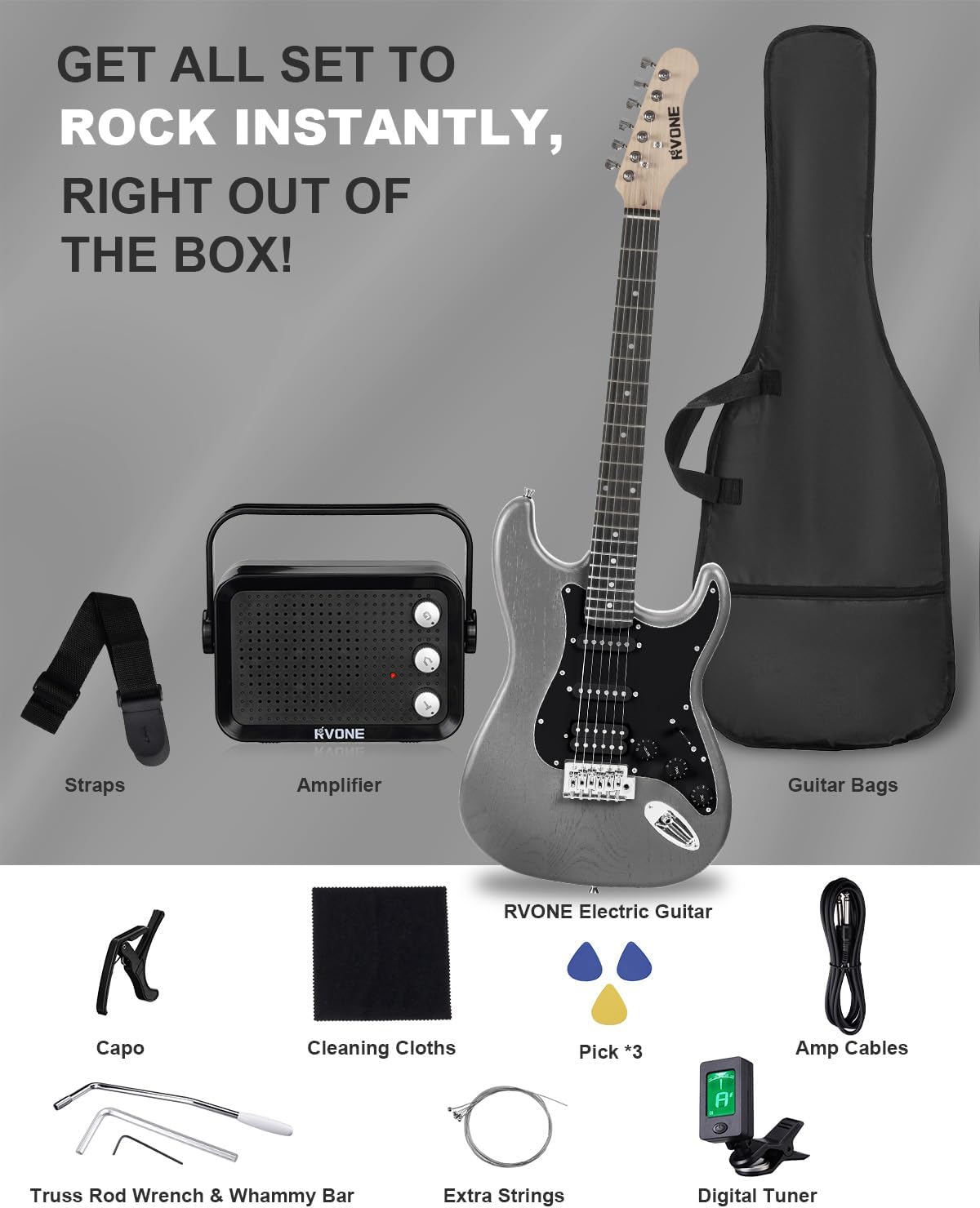 Shows all the items included in the electric guitar package, emphasizing that it's a comprehensive set for immediate use.
