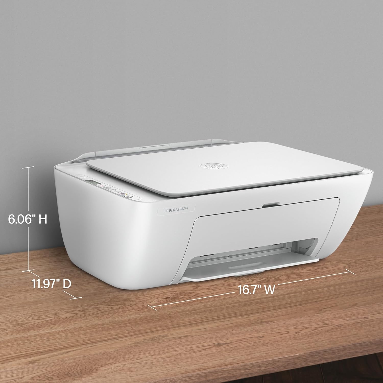 Communicates the printer's exact dimensions to help shoppers understand its size and fit in their workspace.