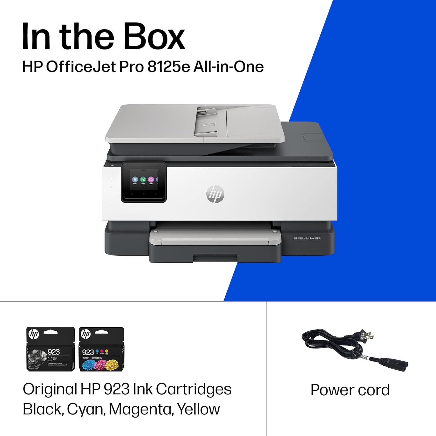 Shows all items included with the HP OfficeJet Pro 8125e All-in-One printer purchase, reassuring customers of a complete package.