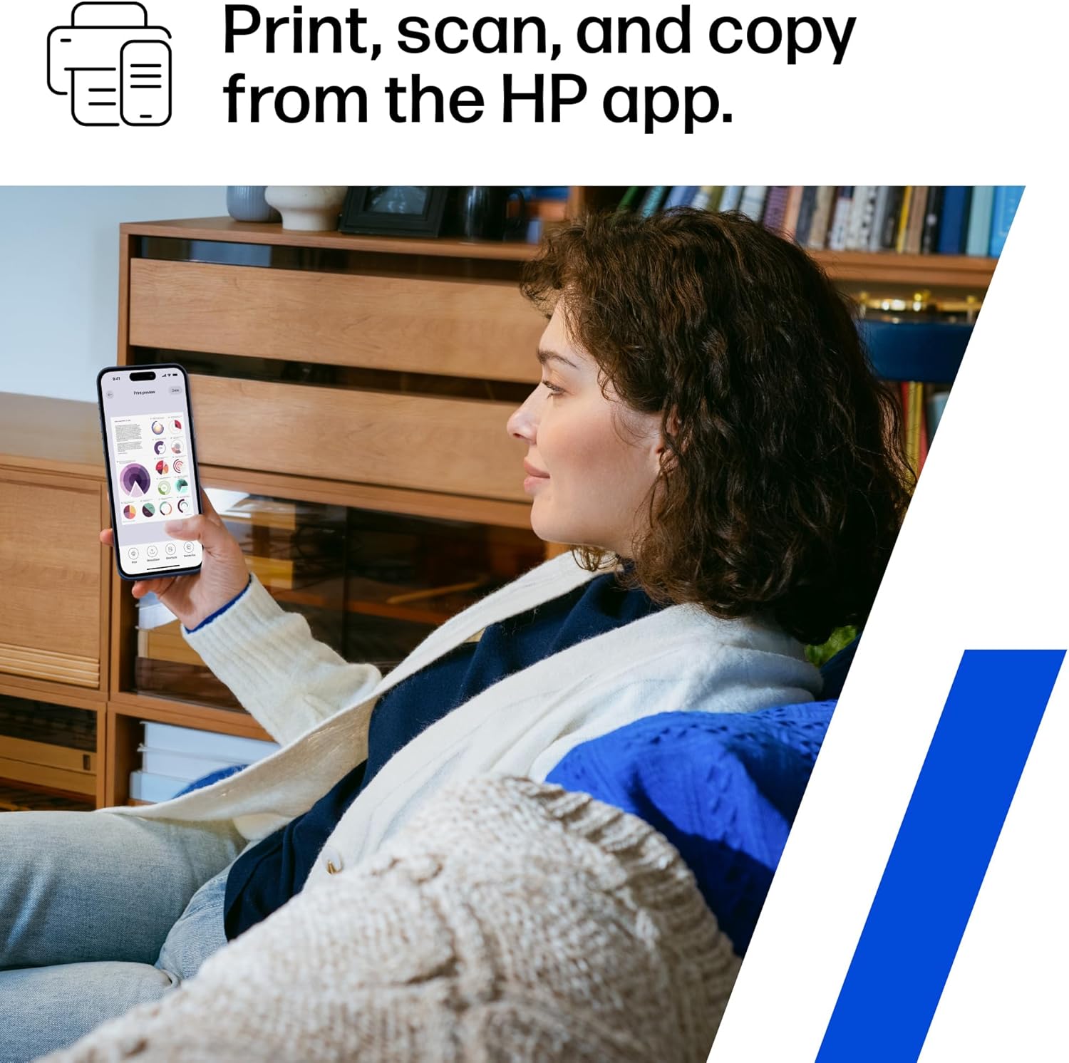 Demonstrates how to use the HP app for printing, scanning, and copying, emphasizing the convenience of controlling printer functions from a smartphone.