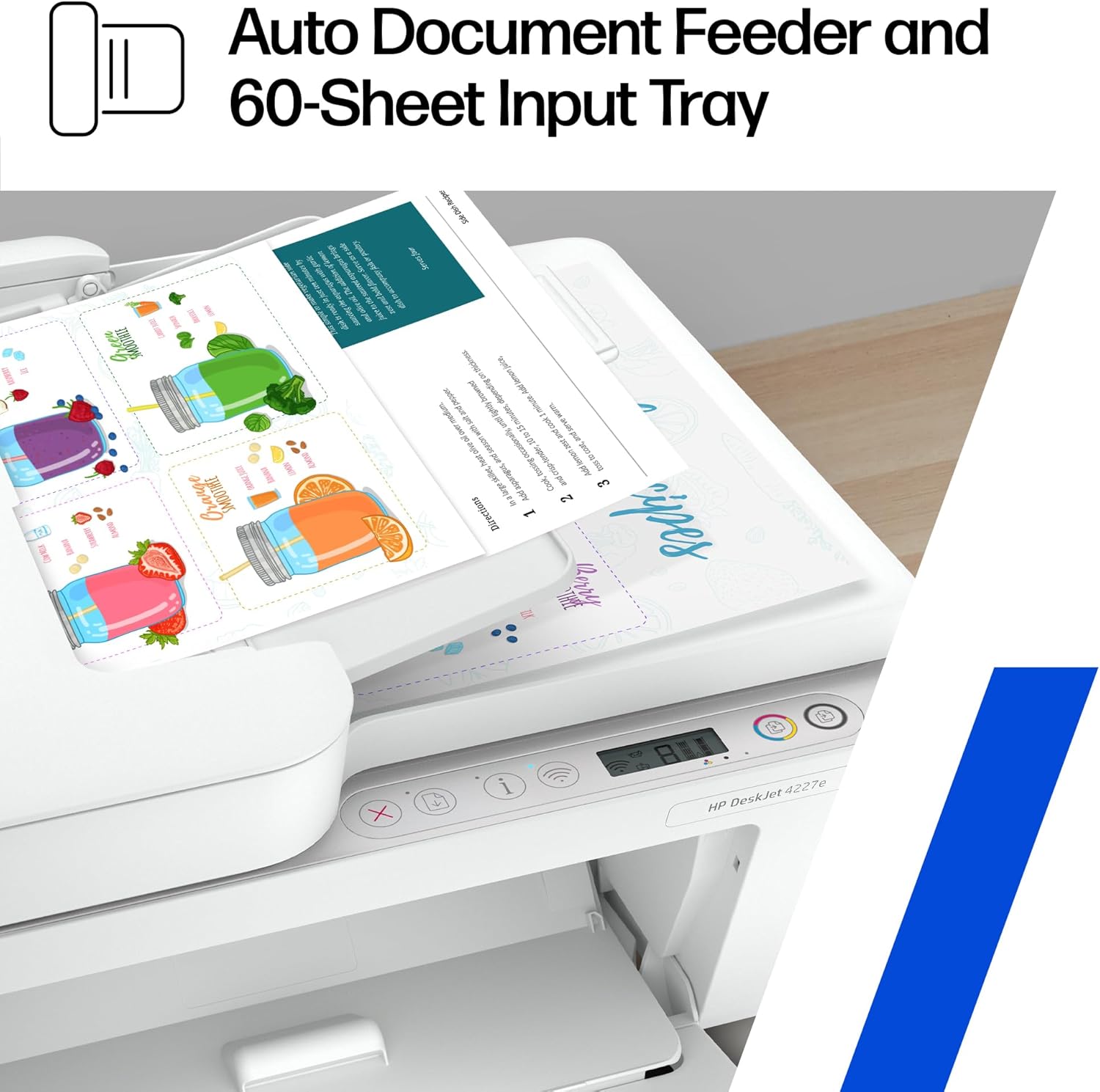 Highlights the printer's auto document feeder and 60-sheet input tray capacity to emphasize convenience and efficiency for users who need to scan or copy multiple pages.