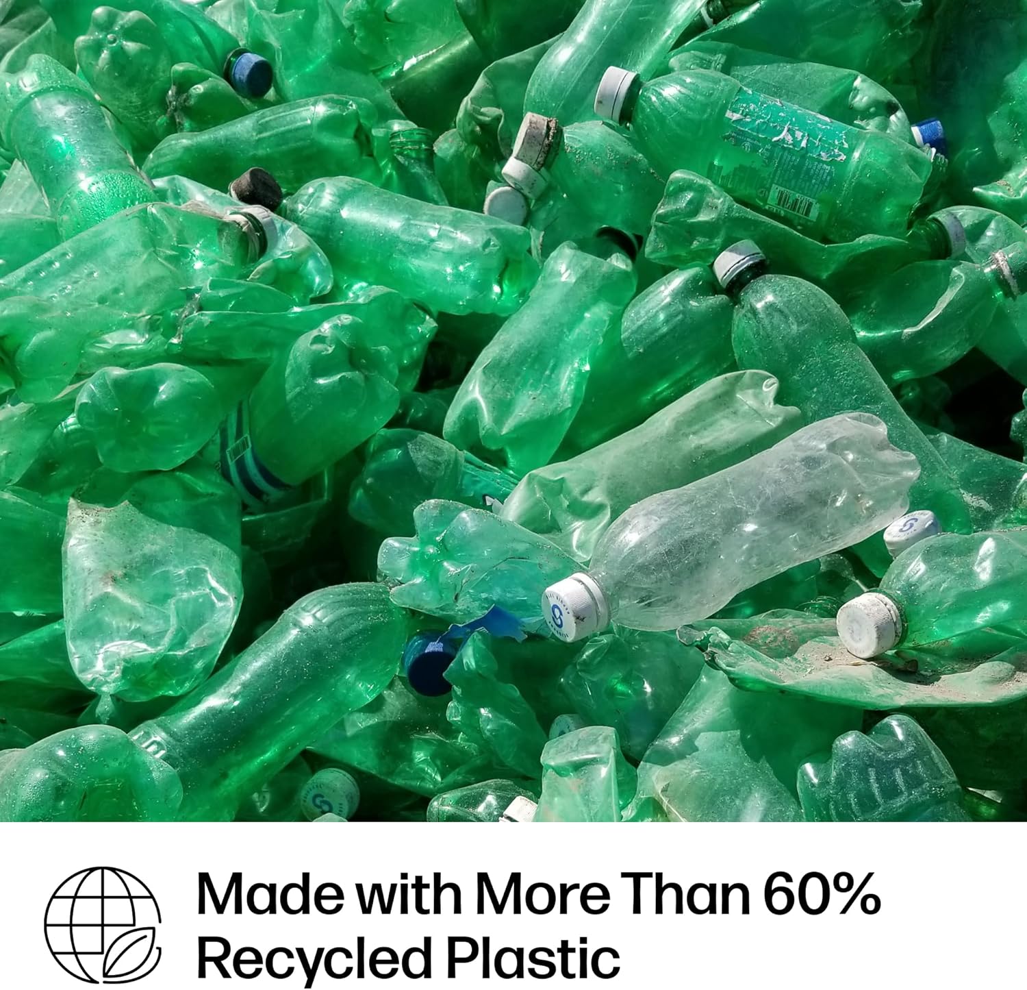 Highlights the product's eco-friendly feature of being made with more than 60% recycled plastic, appealing to environmentally conscious consumers.