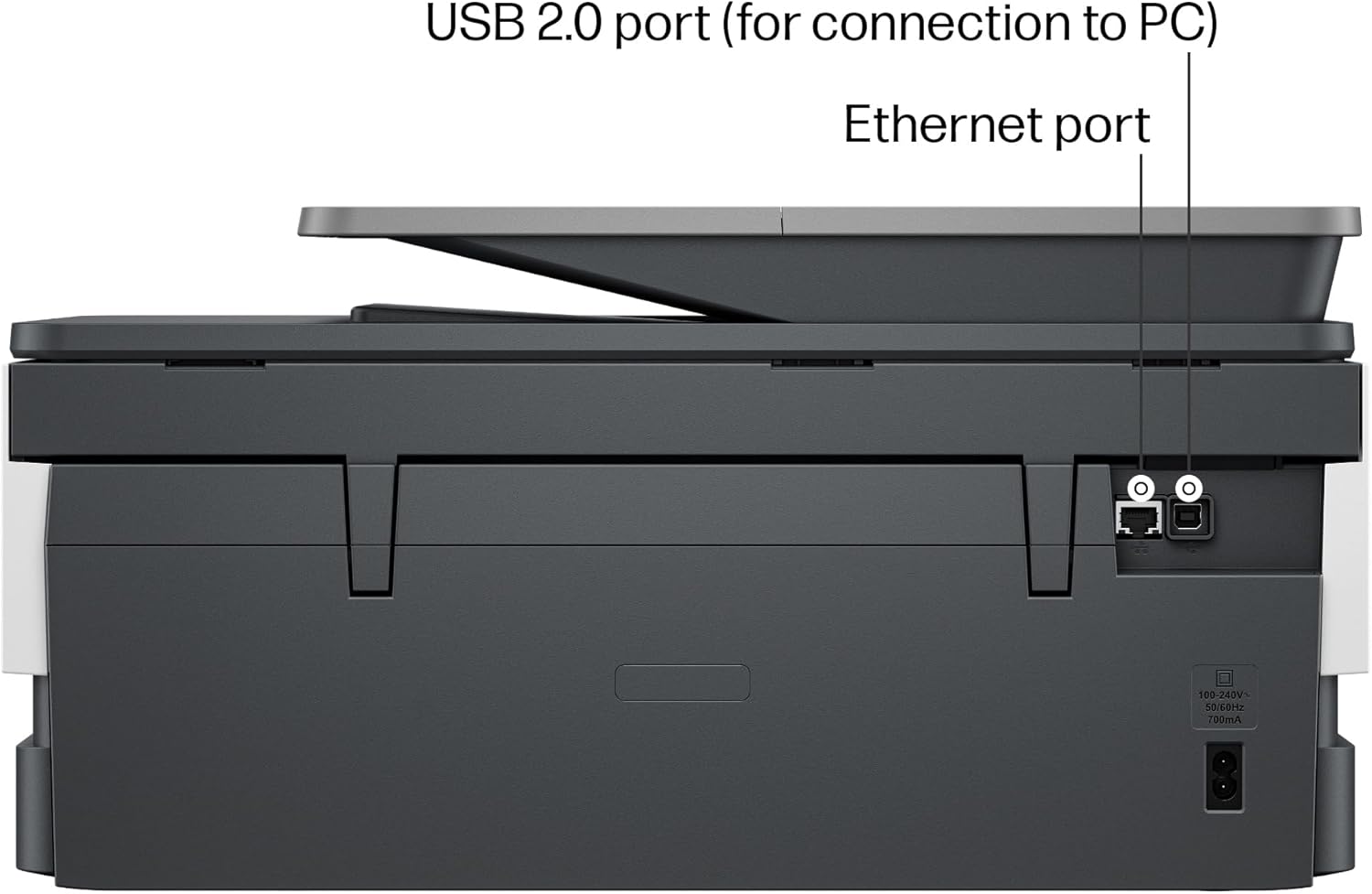 Highlights the USB and Ethernet ports to show connectivity options for the printer.