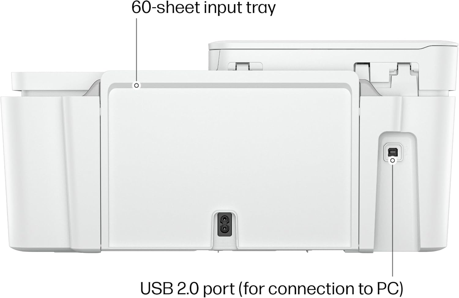 Highlights key features of the printer, specifically the 60-sheet input tray capacity and USB 2.0 port for PC connection.