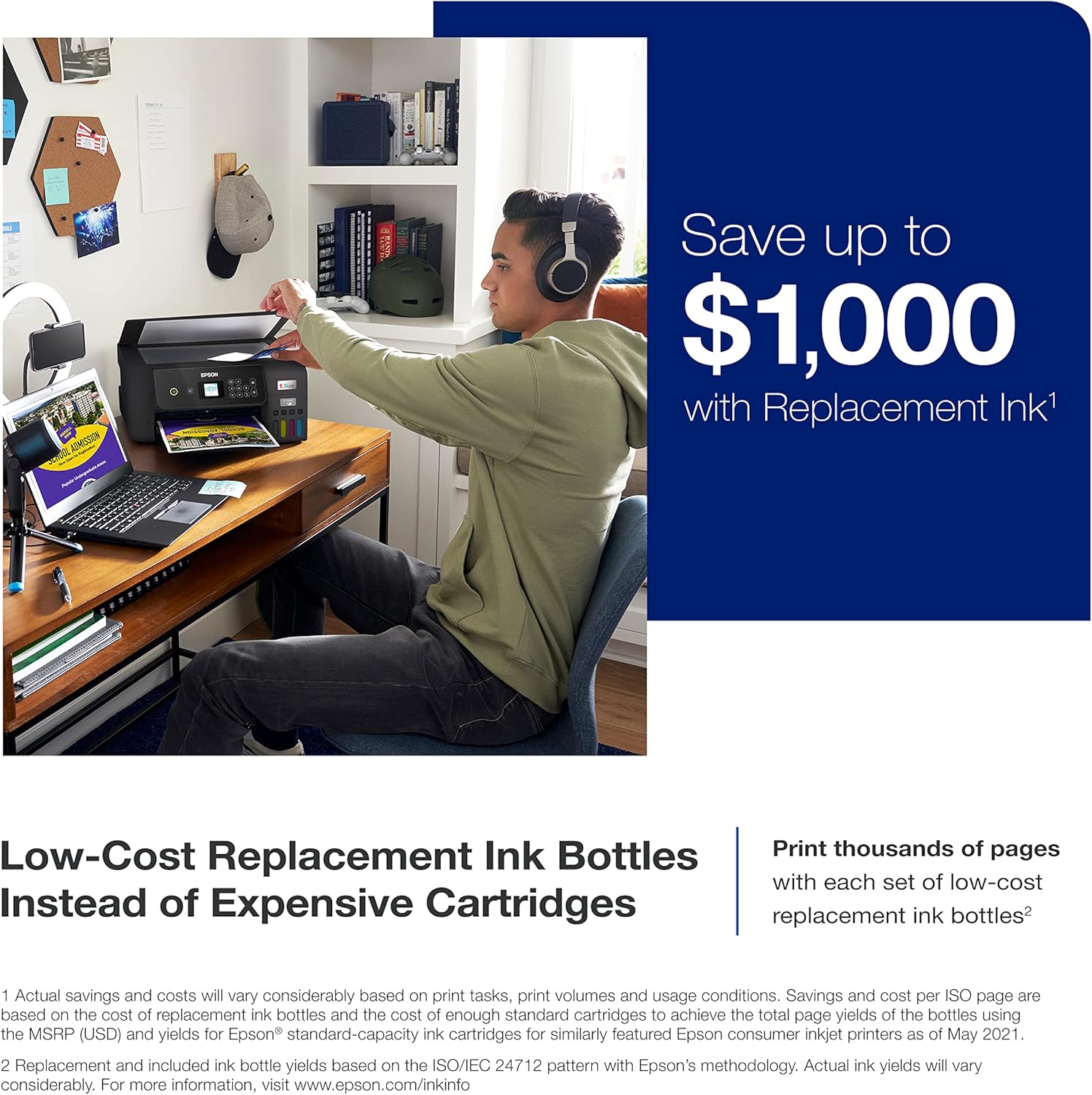 Highlights the significant cost savings and high page yield of replacement ink bottles compared to traditional cartridges. Shows the printer in a realistic home office environment to help customers…