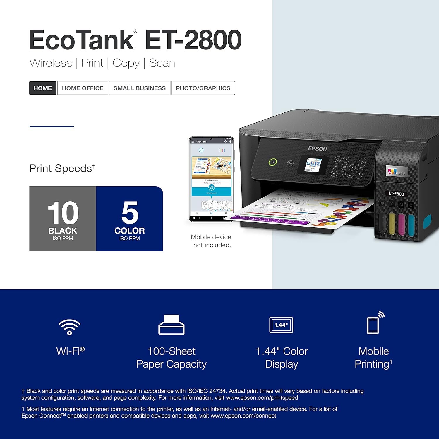 Highlights multiple key features and specifications of the EcoTank ET-2800 printer to showcase its versatility and performance for different user needs.