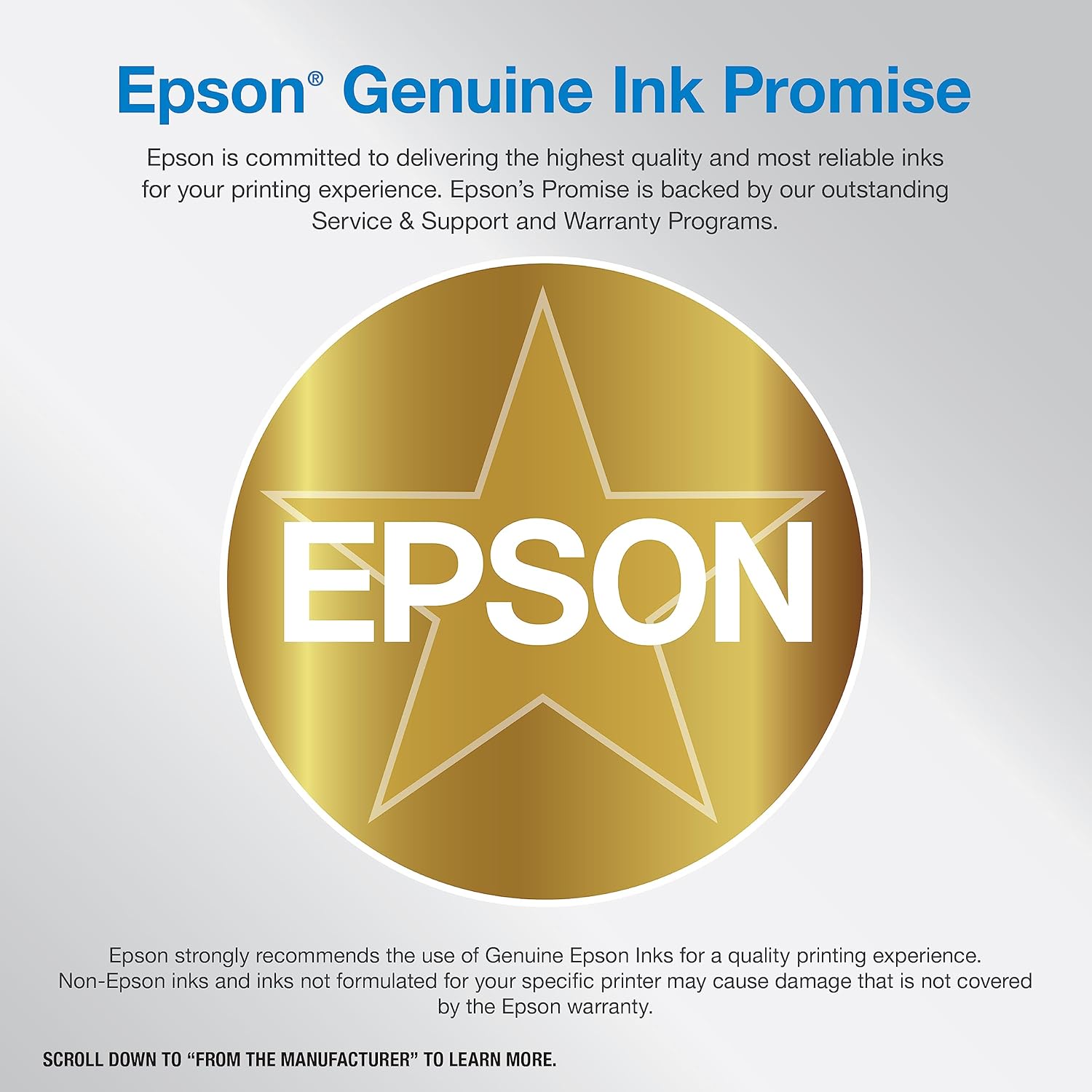 Reinforces Epson's commitment to quality and reliability, emphasizing their genuine ink promise and warranty program to build trust with customers.