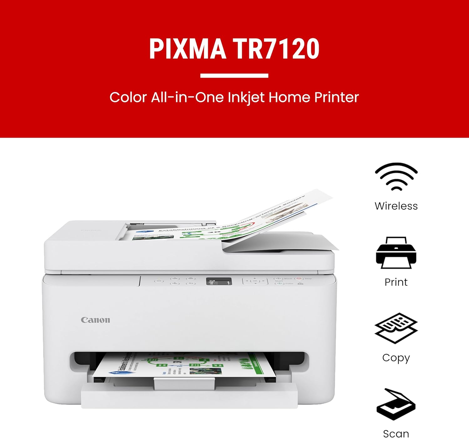 Highlights the multiple functions of the all-in-one printer, emphasizing its versatility for home use.