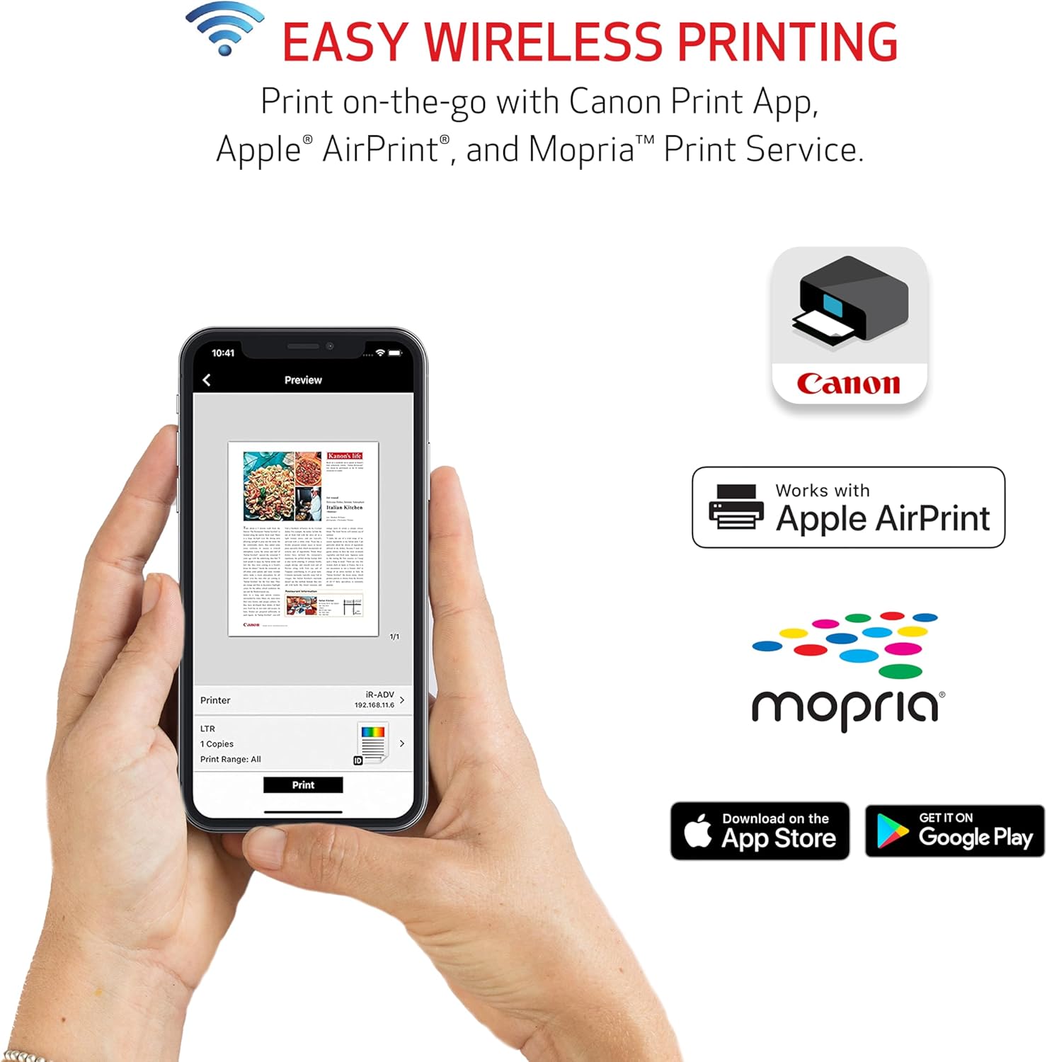 Demonstrates the printer's compatibility with multiple wireless printing services to reassure customers about ease of use and versatility.