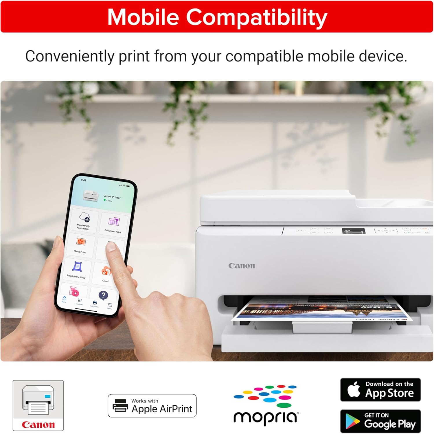 Demonstrates that the printer is compatible with mobile devices, allowing convenient printing from smartphones.