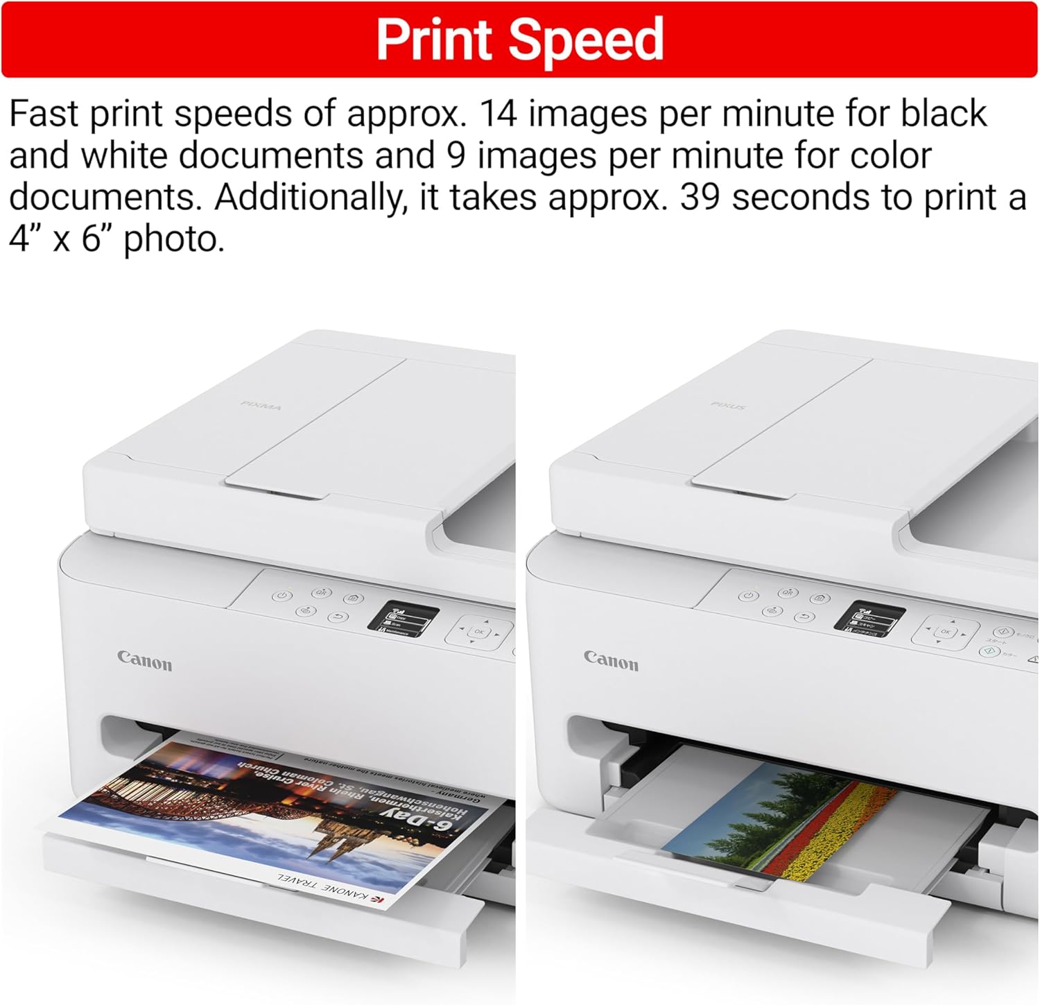 Communicates the printer's fast print speeds for different document types and photo printing time to highlight its efficiency.