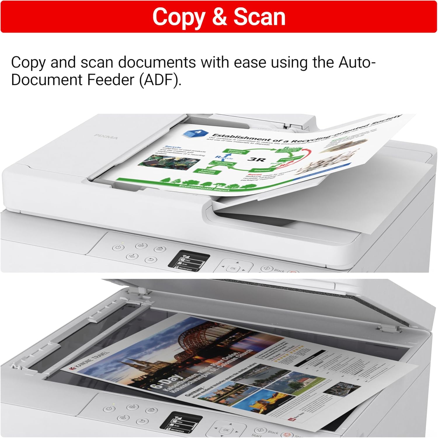 Demonstrates the printer's ability to easily copy and scan documents using the Auto-Document Feeder (ADF).