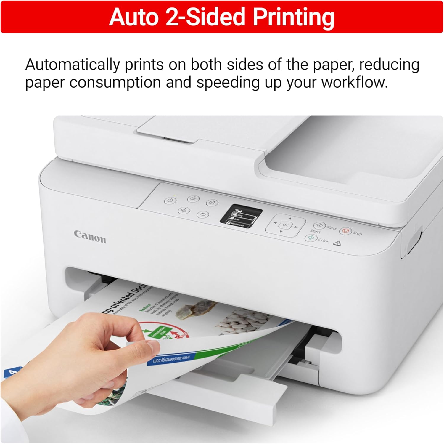 Highlights the printer's ability to automatically print on both sides of the paper, emphasizing efficiency and paper savings.