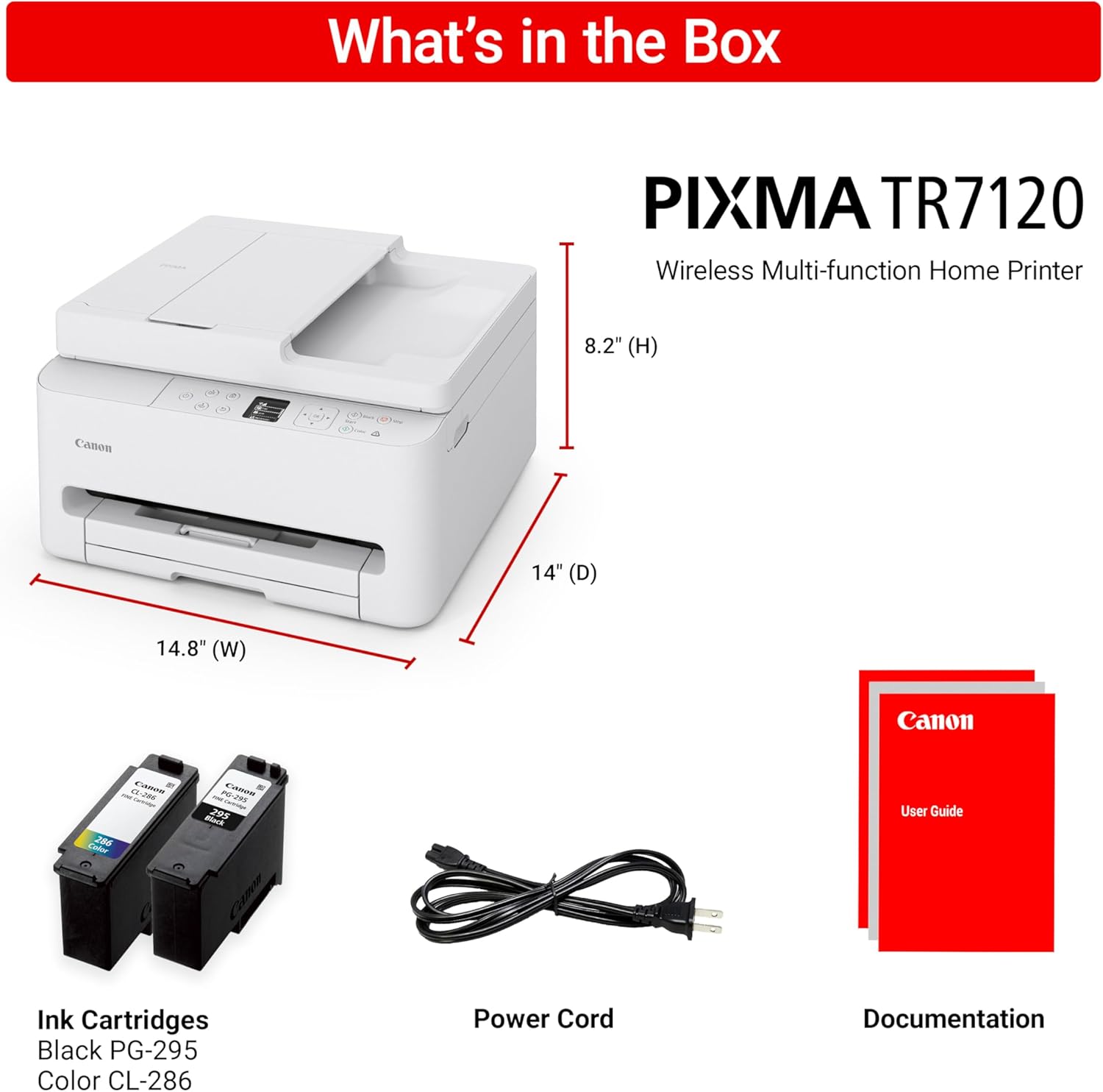 Shows all items included with the Canon PIXMA TR7120 printer purchase to inform customers of the complete package contents. Provides the exact dimensions of the printer to help customers understand…