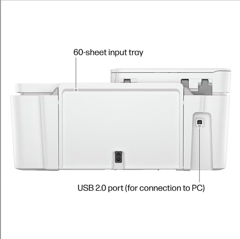 Highlights key features of the printer, specifically the 60-sheet input tray and USB 2.0 port for PC connection.