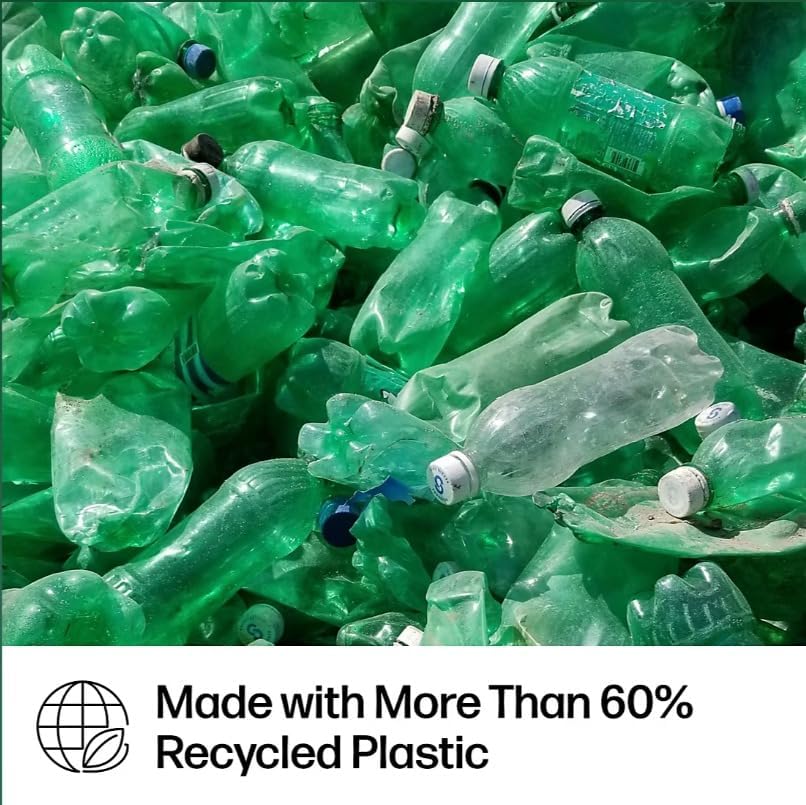 Communicates the product's eco-friendly composition, highlighting that it's made with more than 60% recycled plastic to appeal to environmentally conscious consumers.