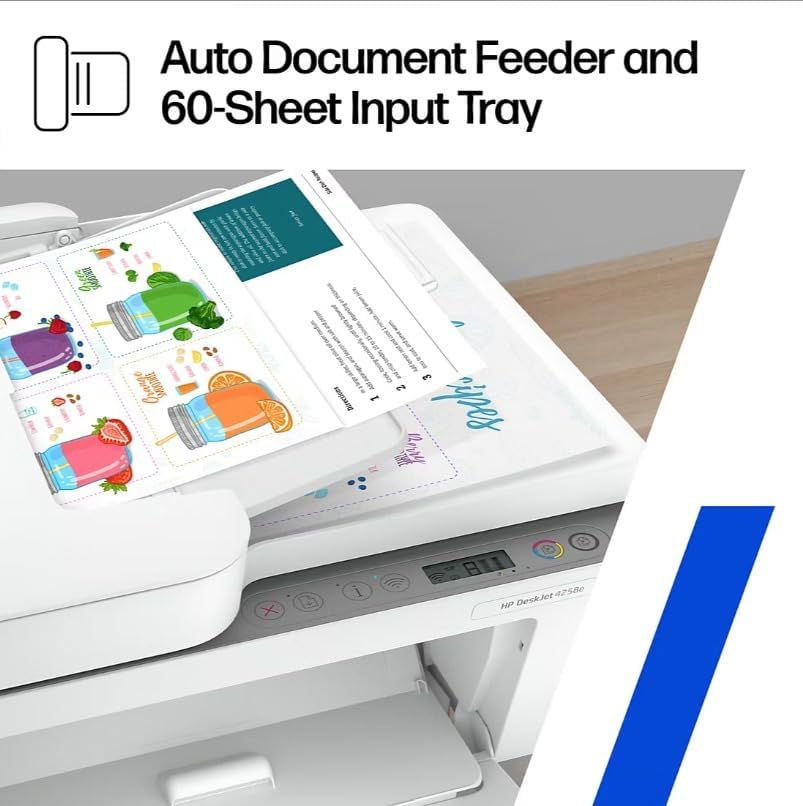 Highlights the printer's capability to automatically feed documents and handle a large volume of paper, emphasizing convenience and efficiency for users.