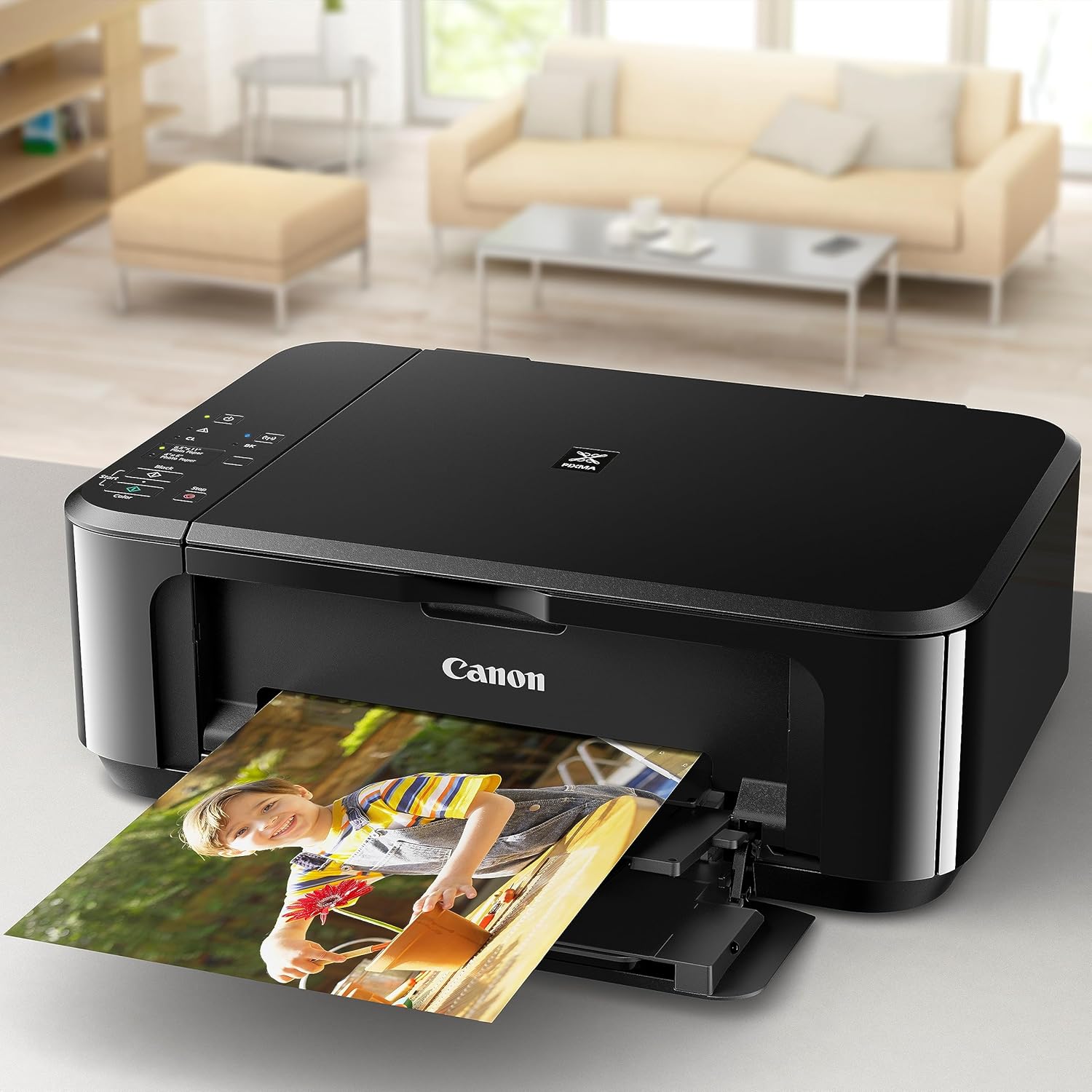 Shows the printer in a real home environment to help shoppers visualize how it fits into their living space.
