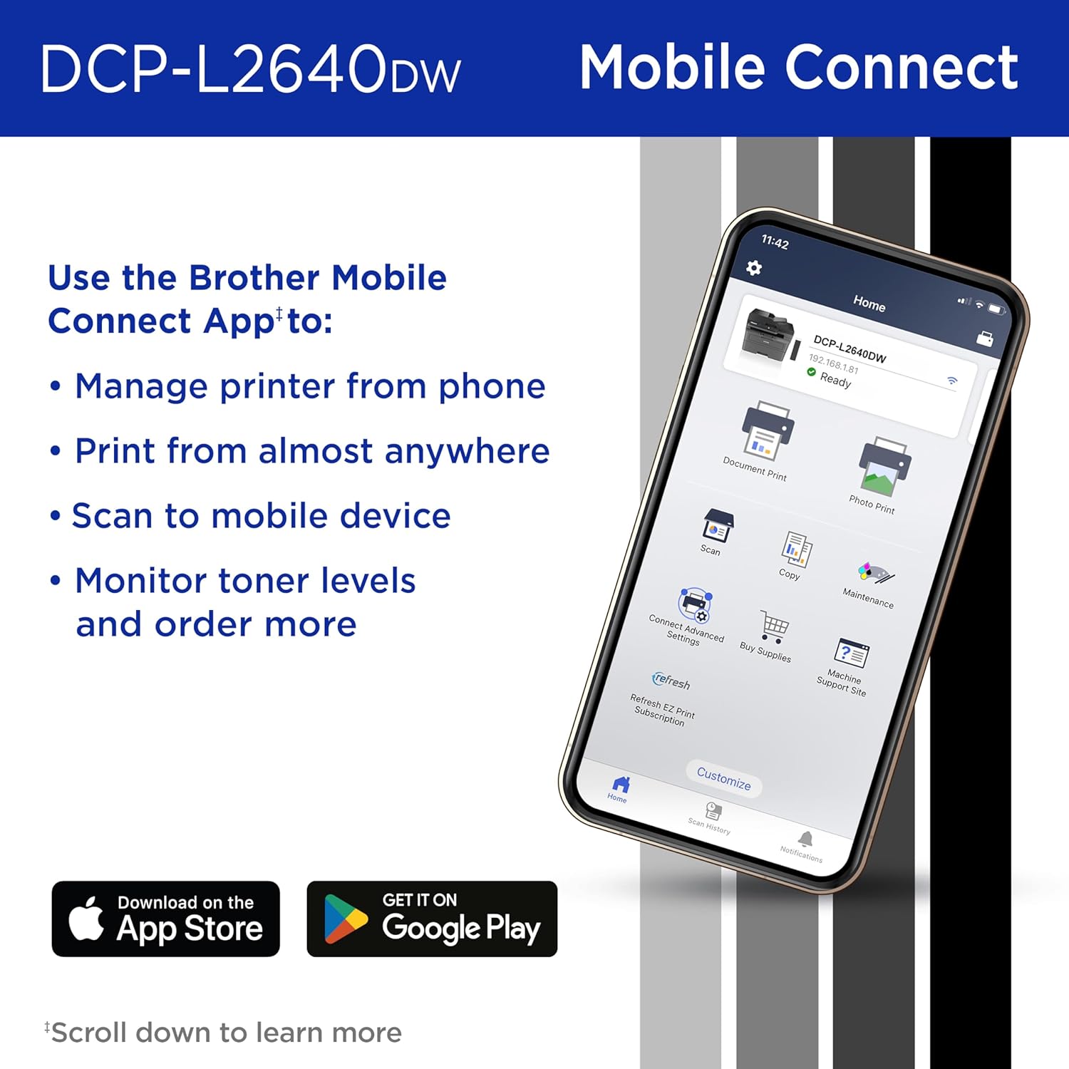 Explains how to use the Brother Mobile Connect App to manage and control the printer from a mobile device.