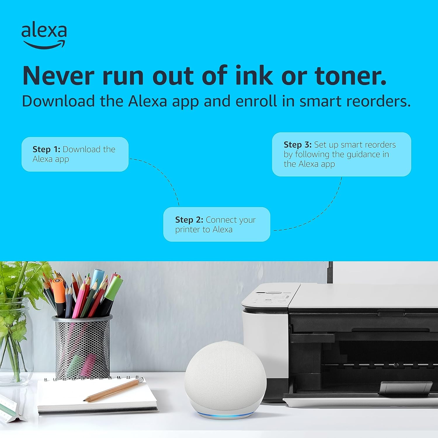 Guides users through the process of setting up smart reorders for ink and toner using the Alexa app.
