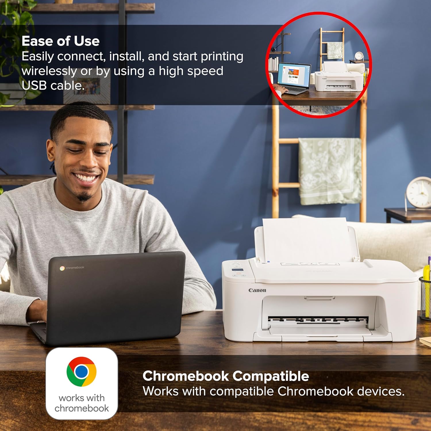 Demonstrates the simplicity of connecting and using the printer, emphasizing wireless capabilities and Chromebook compatibility. Highlights that the printer works with Chromebook devices, reassuring…