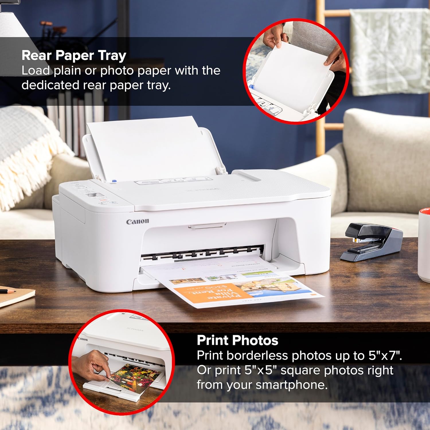 Highlights two key features of the printer: the dedicated rear paper tray for loading different paper types, and the ability to print high-quality photos in various sizes.