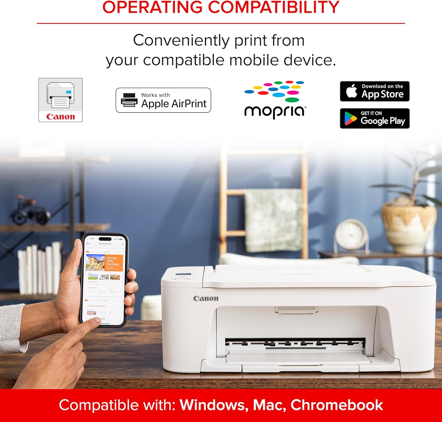 Demonstrates the printer's compatibility with various mobile devices and operating systems, emphasizing convenient printing from smartphones and tablets.