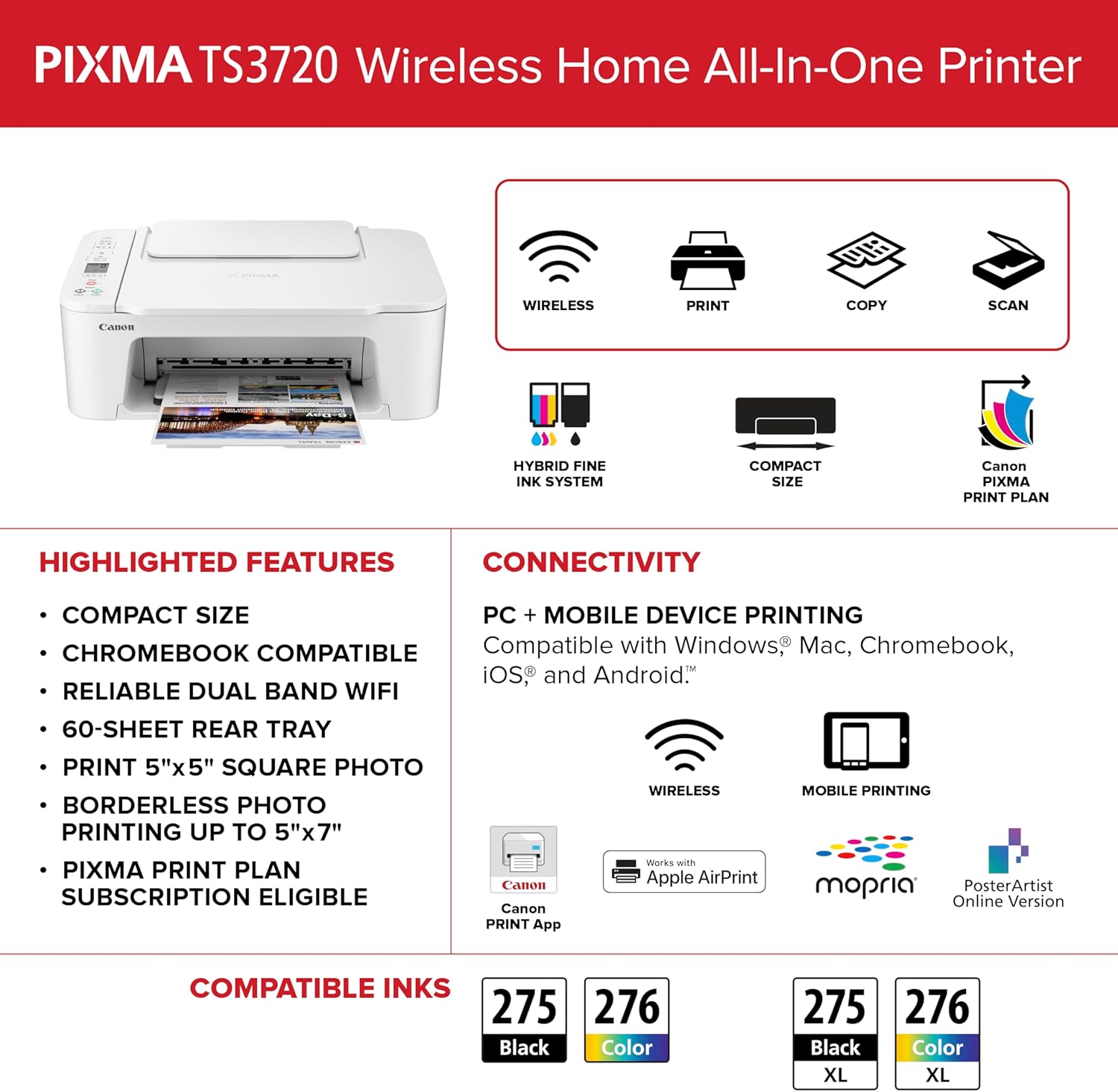 Showcases multiple key features and benefits of the printer, emphasizing its versatility and ease of use for home printing needs.