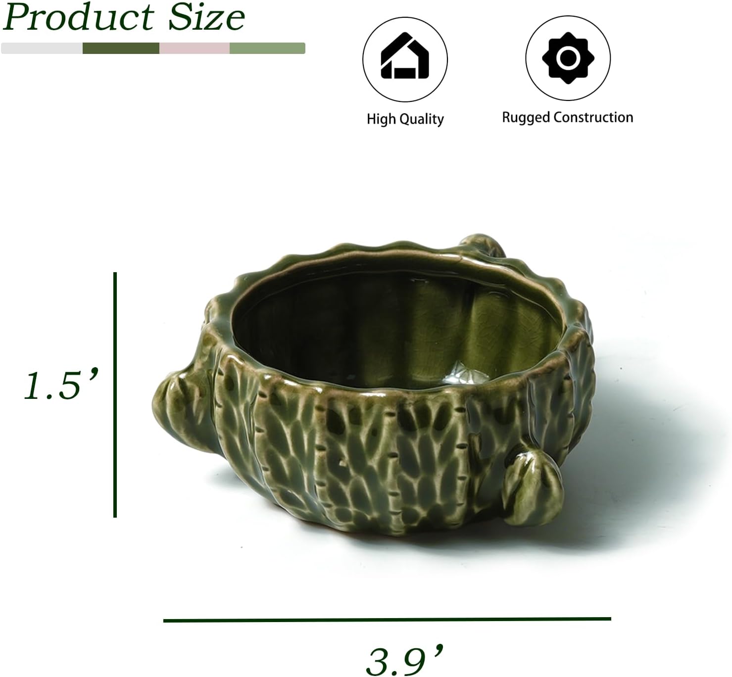 Provides the exact dimensions of the product to help customers understand its size and fit. Highlights two key features of the product to reassure customers about its quality and durability.