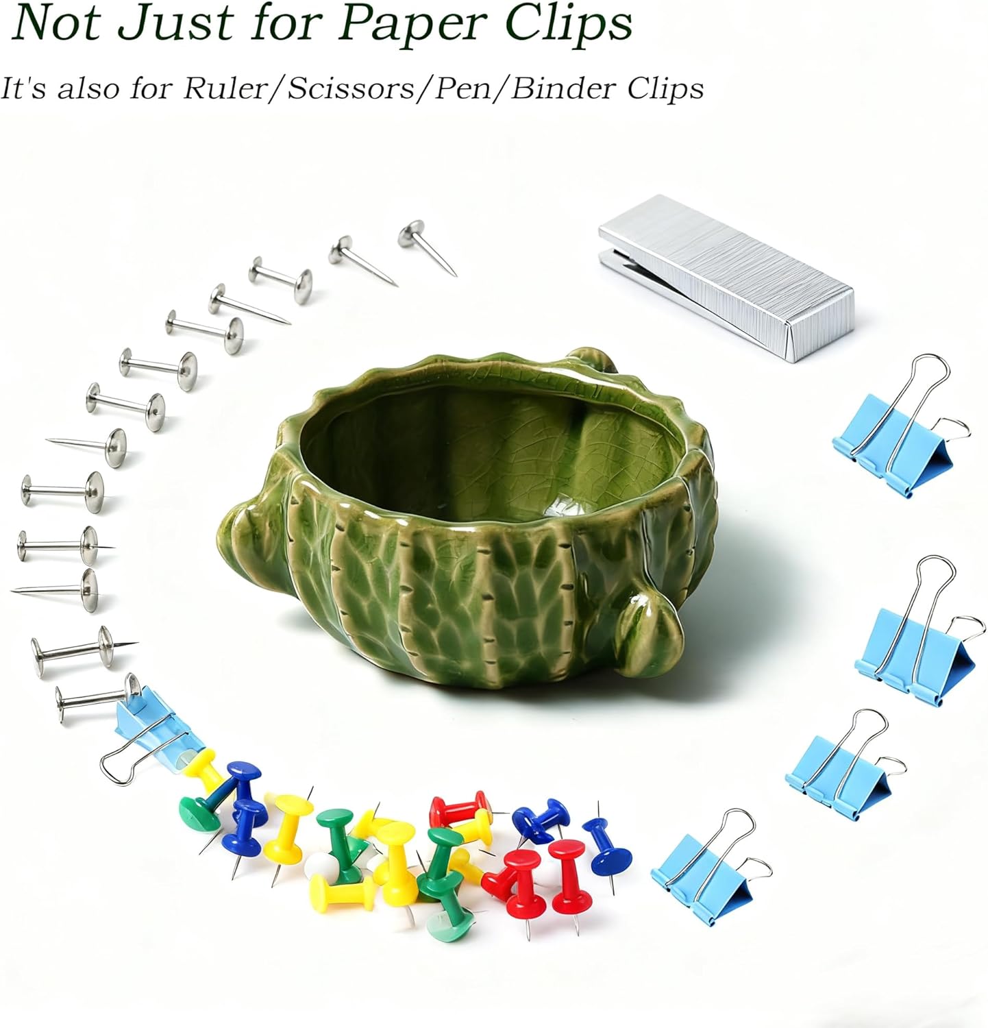 Demonstrates the versatility of the cactus-shaped container for storing various office supplies beyond just paper clips.